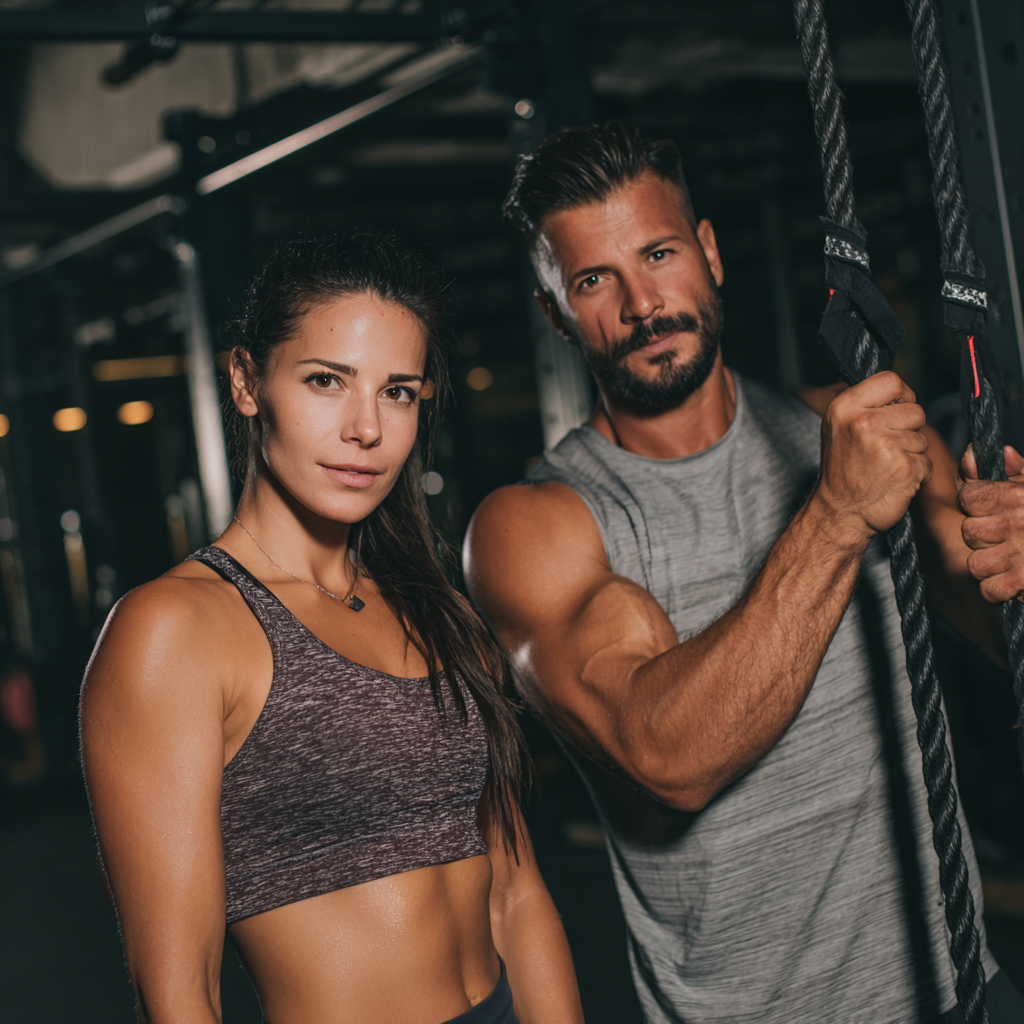 Athletic Romanian adult performing strength training exercise in modern fitness facility with focused determination